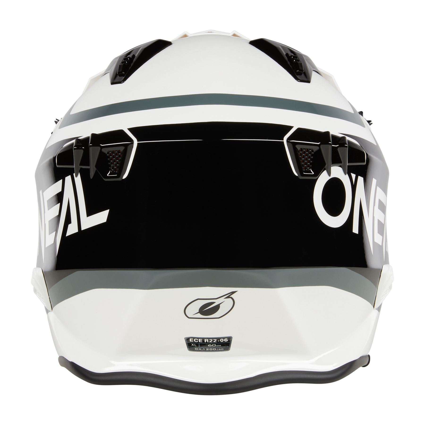 Vorderansicht eines weiß-schwarzen O'NEAL VOLT Helm CORP mit "O'NEAL" an den Seiten, schwarzem Visier und geometrischen Lüftungsschlitzen für optimale Sicherheit.