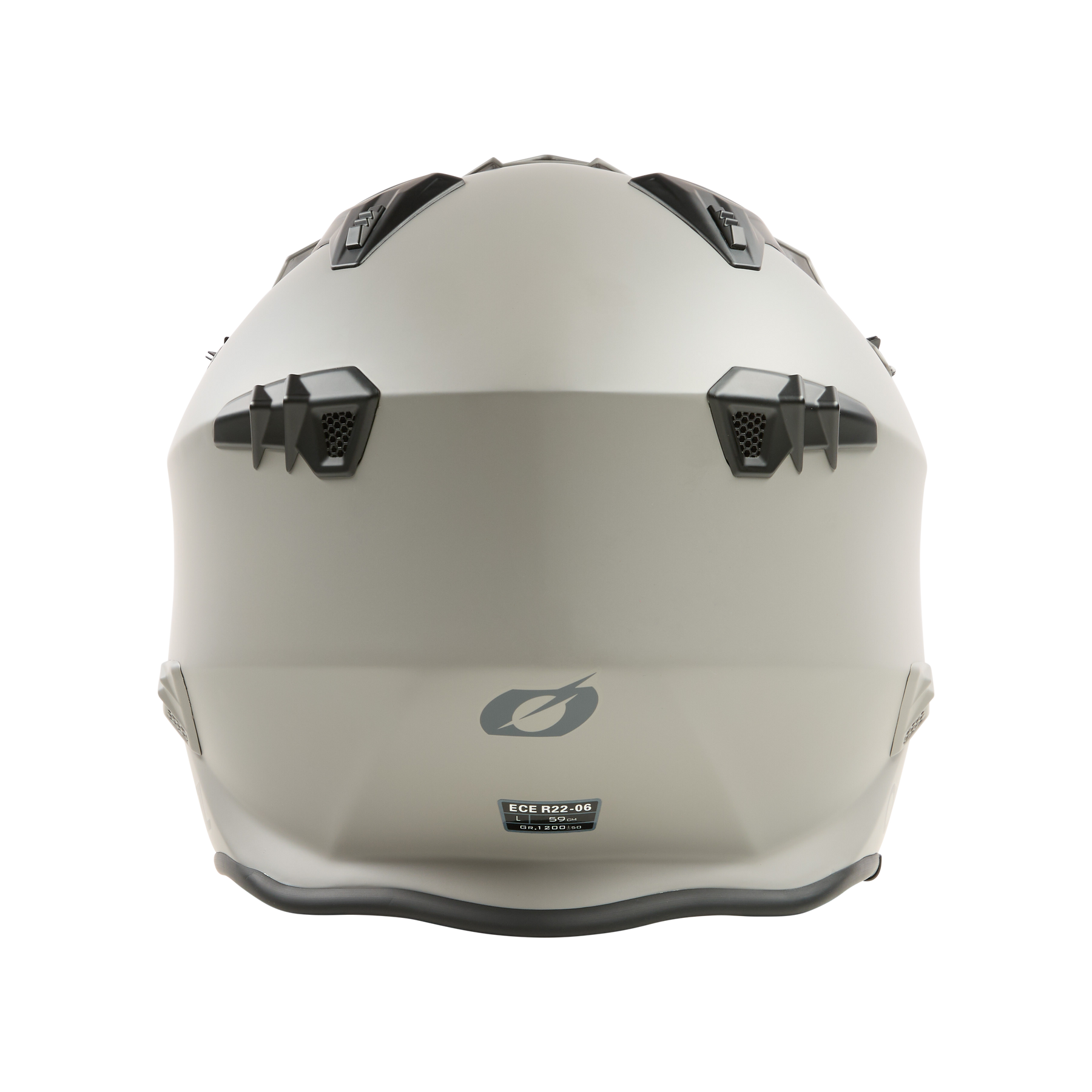Eine Rückansicht des O'NEAL VOLT Helm SOLID in mattem Weiß mit schwarzen Lüftungsöffnungen und einem Sicherheitszertifizierungsetikett im unteren Bereich.