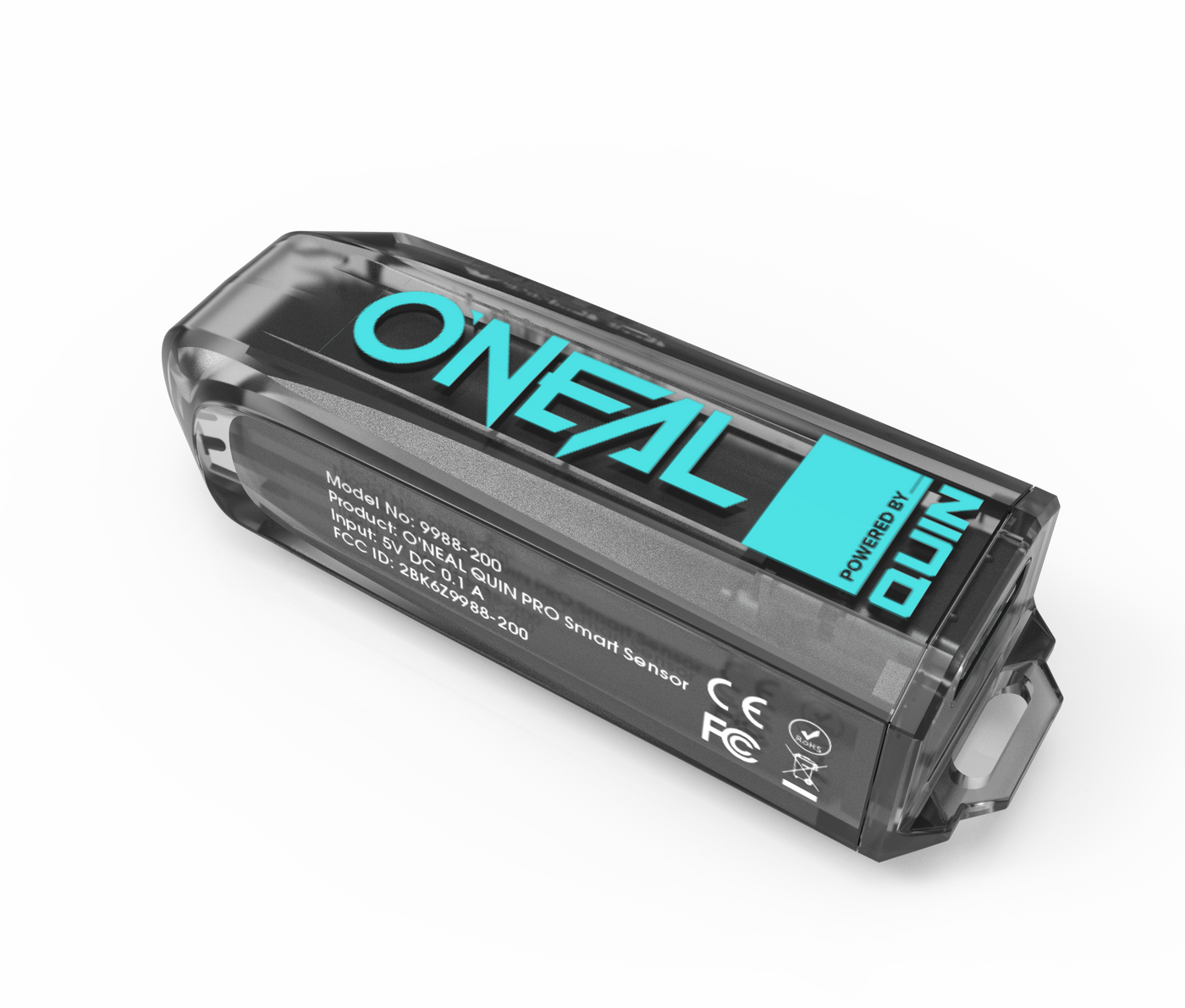 The O'NEAL QUIN PRO Smart Sensor, a black and transparent electronic device with certification mark and model details, is shown on a bright abstract background.