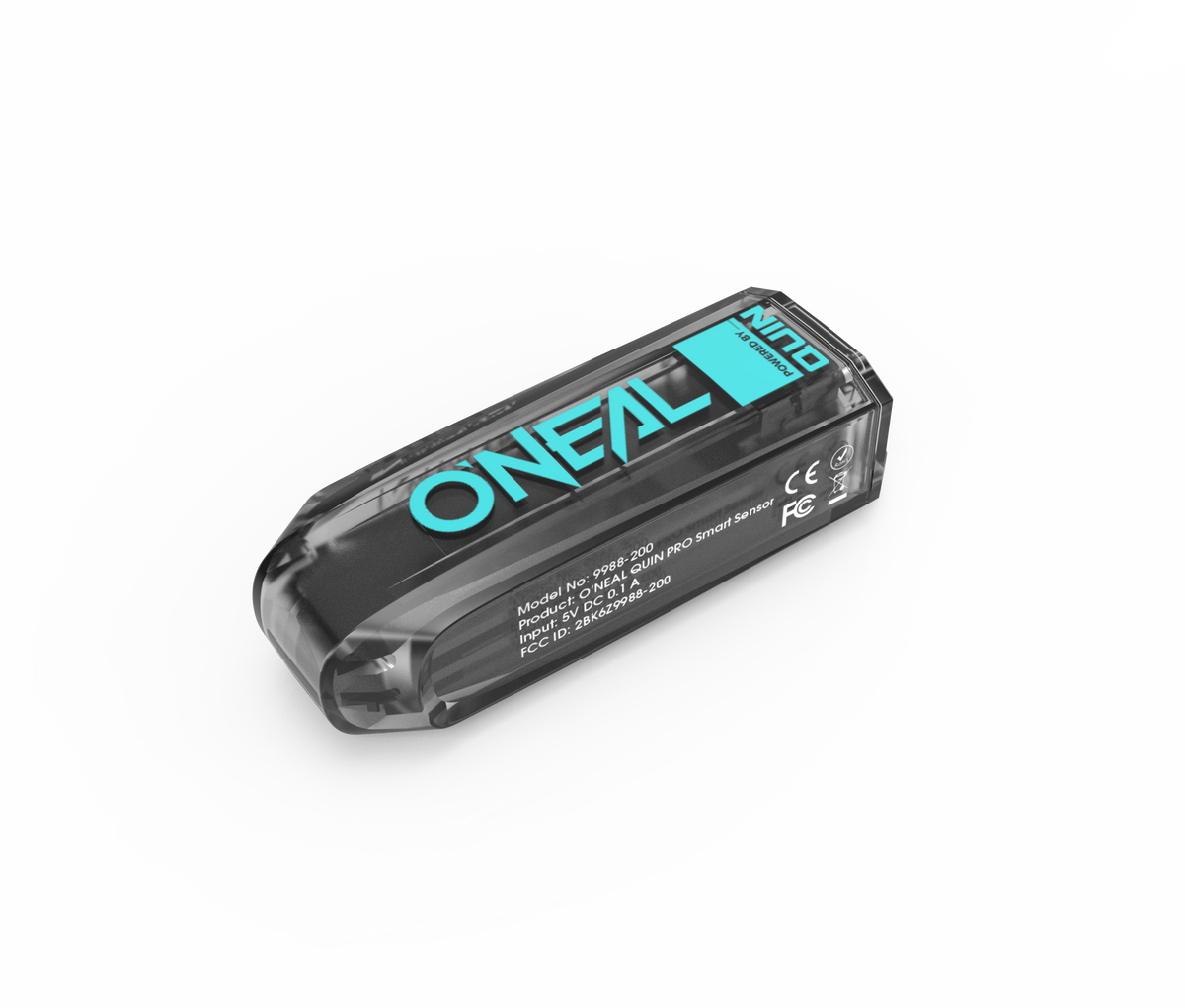 Ein schwarzes elektronisches Gerät von O'NEAL mit der Aufschrift "NIMB" in Petrol und Produkt- und Zertifizierungsinformationen in Weiß, das für den O'NEAL EX-SRS Helm QUIN EDITION entwickelt wurde, wird auf einem Hintergrund mit weißem und grauem Farbverlauf angezeigt.