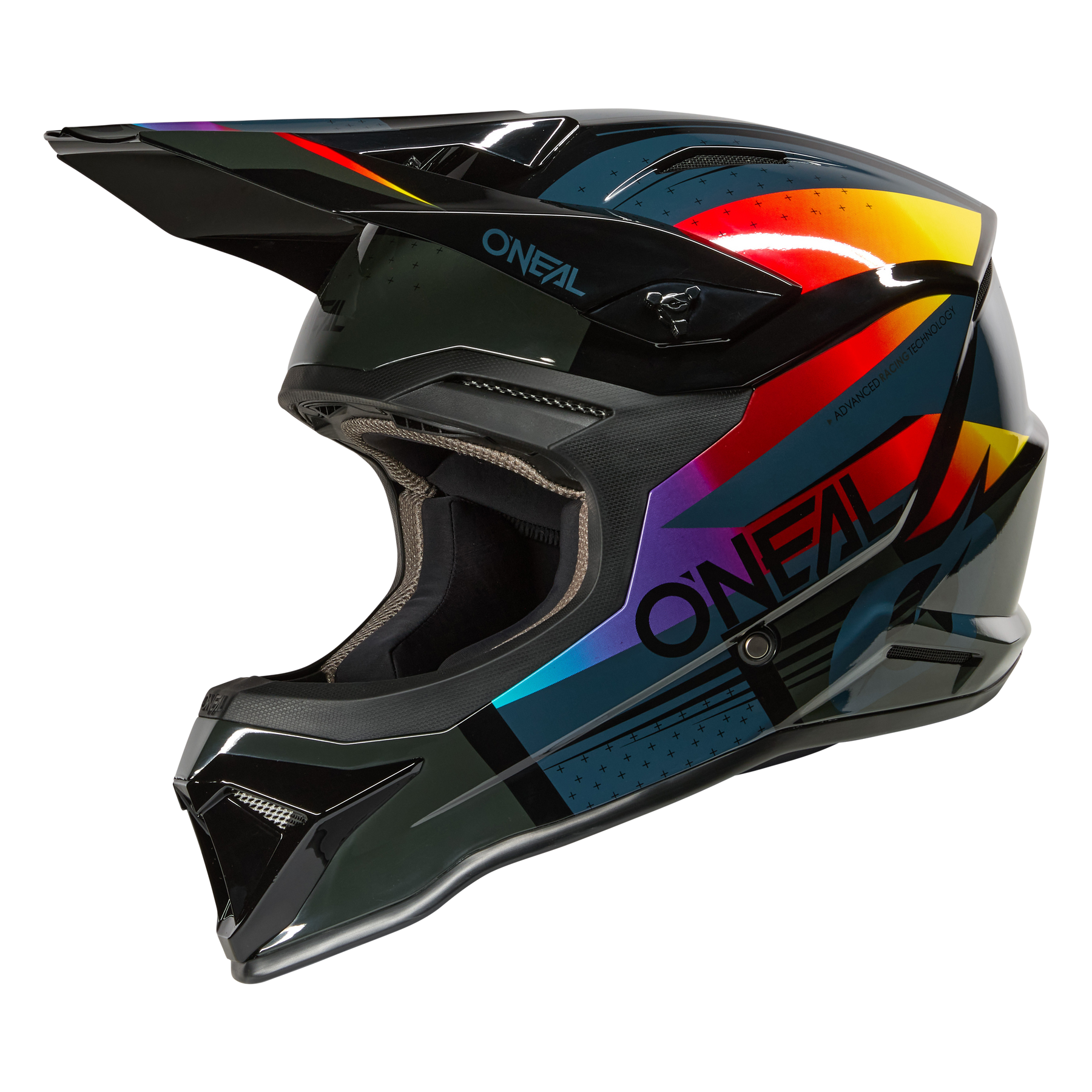 Der O'NEAL 1SRS Jugendhelm RC verfügt über ein aerodynamisches Vollgesichtsdesign mit schwarzer Basis und auffälligen geometrischen Mustern in Rot, Orange, Lila und Blau.