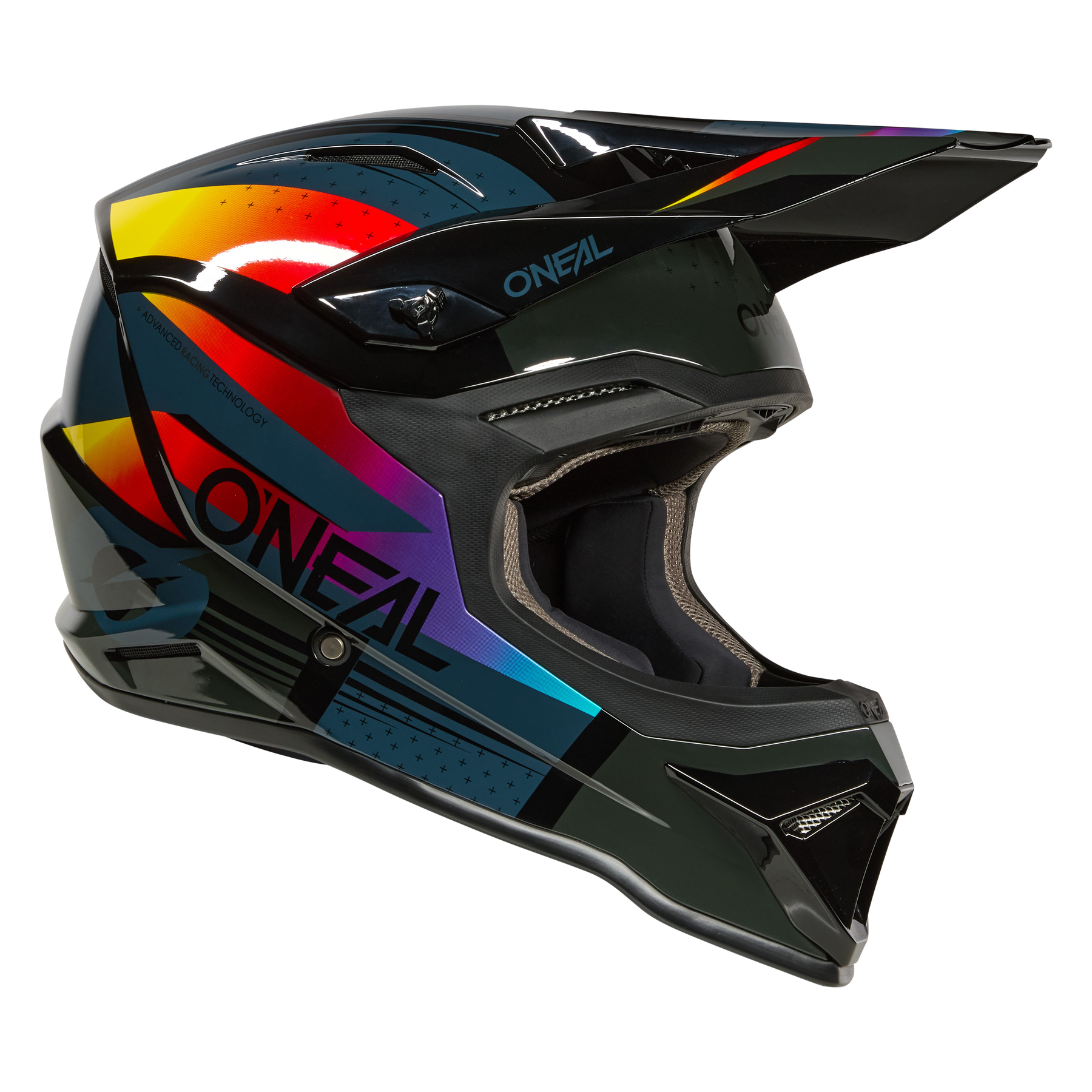 Der O'NEAL 1SRS Youth Helmet RC ist ein schwarzer Motocross-Helm mit glƤnzender OberflƤche, leuchtend roten, gelben und blauen geometrischen Mustern und einem auffƤlligen O'NEAL-Branding an der Seite und am Visier.