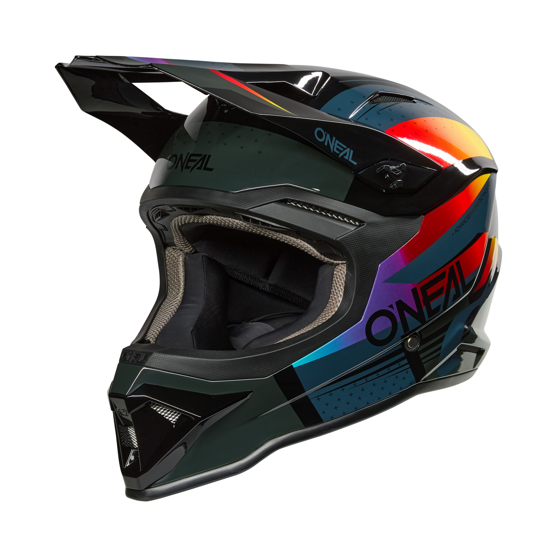 Der O'NEAL 1SRS Youth Helmet RC, ein Fullface-Motocross-Helm in Schwarz/Multi mit bunten geometrischen Streifen und O'NEAL-Branding, ist vor einem schwarzen Hintergrund abgebildet.