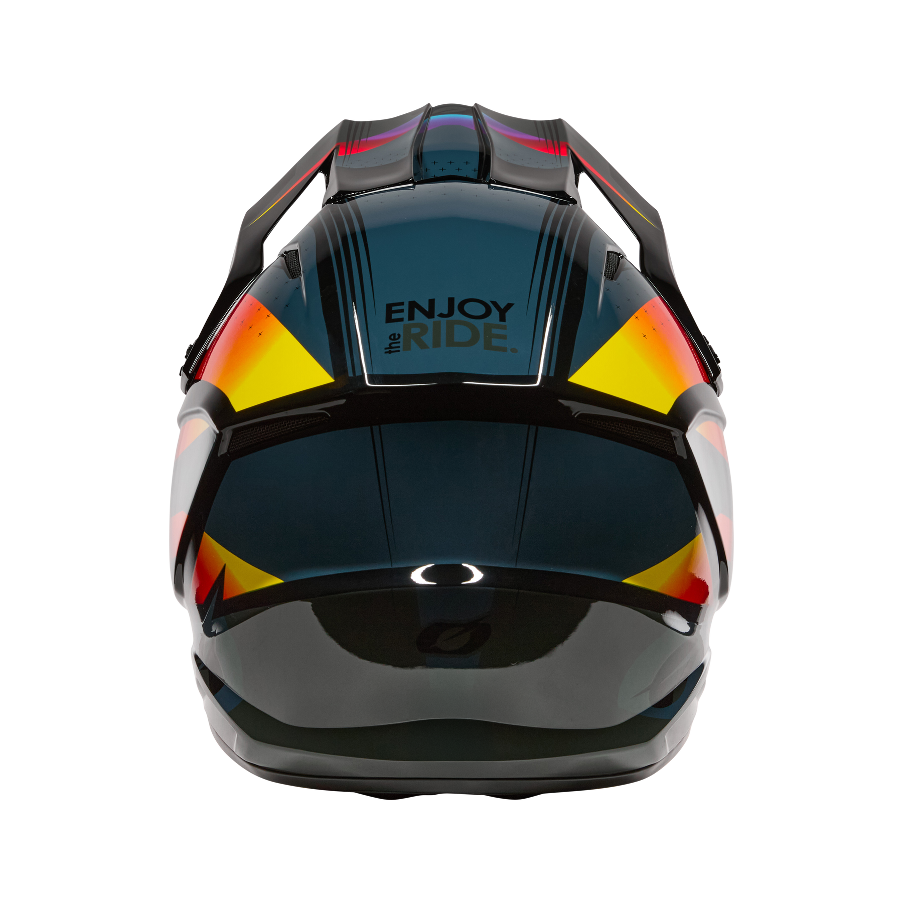 Der O'NEAL 1SRS Youth Helmet RC von O'NEAL hat ein farbenfrohes geometrisches Design mit roten, gelben und orangenen Akzenten auf einer dunklen Basis. Von der Rückseite aus gesehen steht oben "ENJOY the RIDE" drauf.
