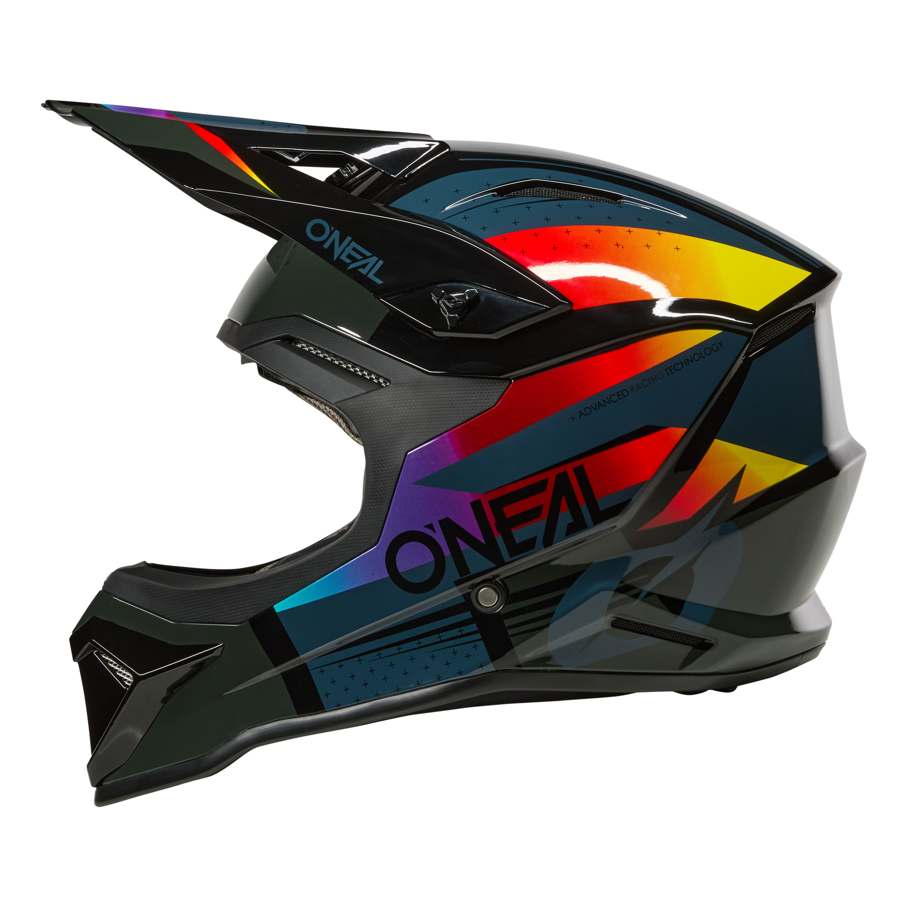 Der O'NEAL 1SRS Youth Helmet RC ist ein schwarzer Fullface-Motocross-Helm mit einem farbenfrohen geometrischen Design in Rot, Gelb, Blau und Orange und dem Aufdruck "O'NEAL" an der Seite.