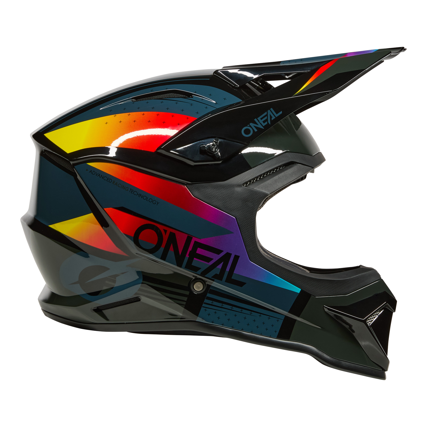 Der O'NEAL 1SRS Youth Helmet RC ist ein Fullface-Motocross-Helm mit schwarzer Basis, auffƤlligen geometrischen Mustern in Gelb, Rot, Lila und Blau und dem Markennamen "O'NEAL" an der Seite.