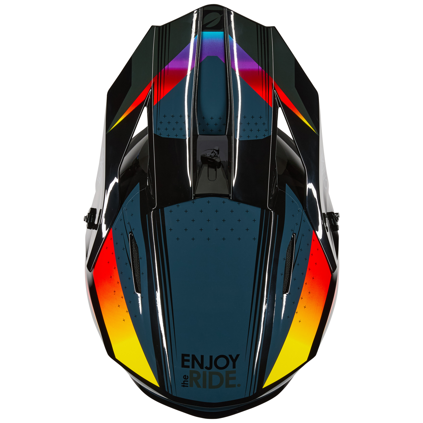 Der O'NEAL 1SRS Youth Helmet RC von O'NEAL in schwarzem Design mit roten, gelben und orangefarbenen geometrischen Akzenten und dem Aufdruck "ENJOY the RIDE." auf der Vorderseite.