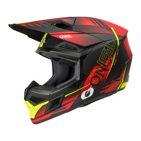El Casco O'NEAL 3SRS HAZE es un casco integral de motocross de color rojo, negro y amarillo con un diseño anguloso, visera, aberturas de ventilación y el logotipo O'NEAL en el lateral.