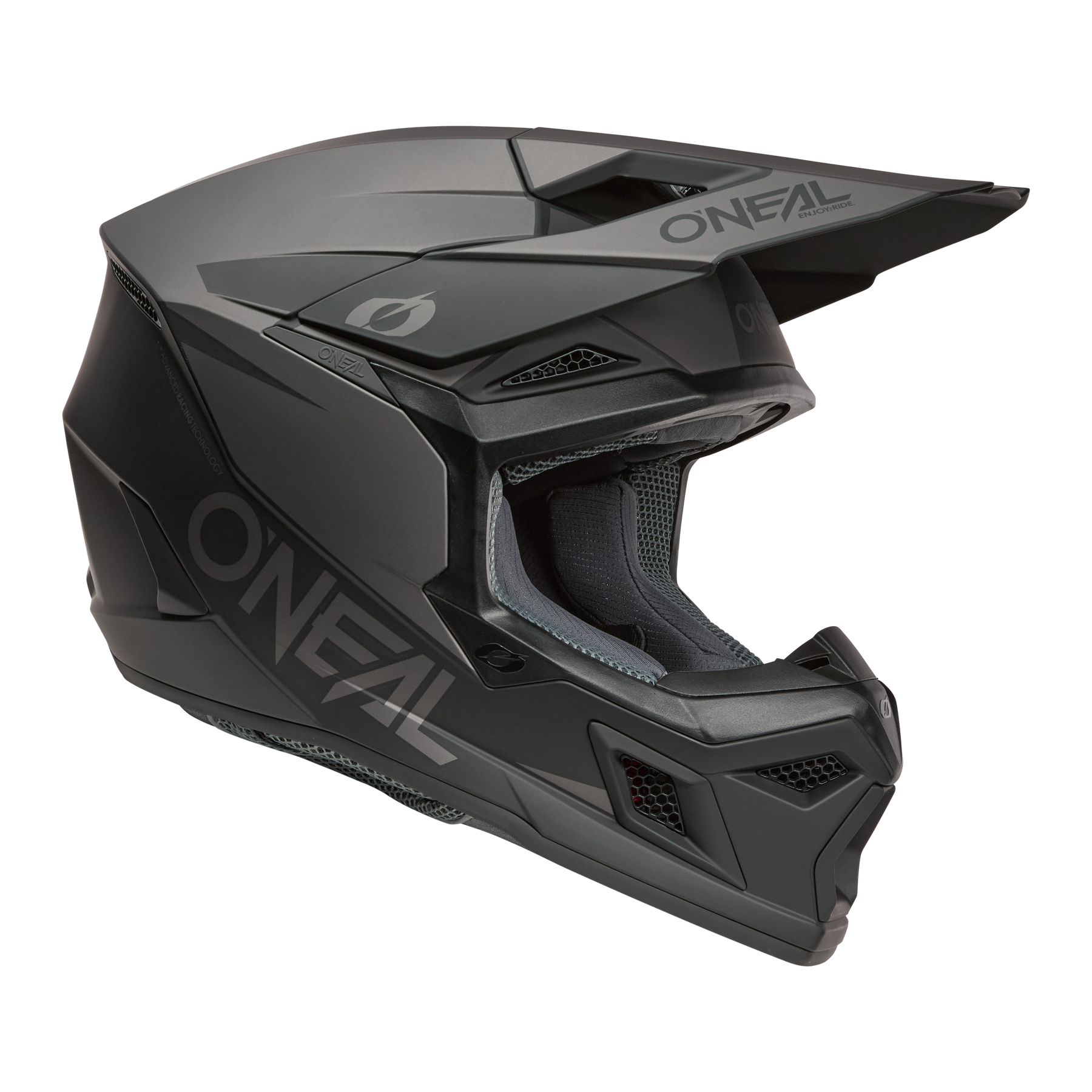 Der O'NEAL 3SRS Helm SOLID ist ein mattschwarzer Fullface-Motocross-Helm mit Visier, belüftetem Mundschutz und markantem O'NEAL-Branding an der Seite und am Visier.