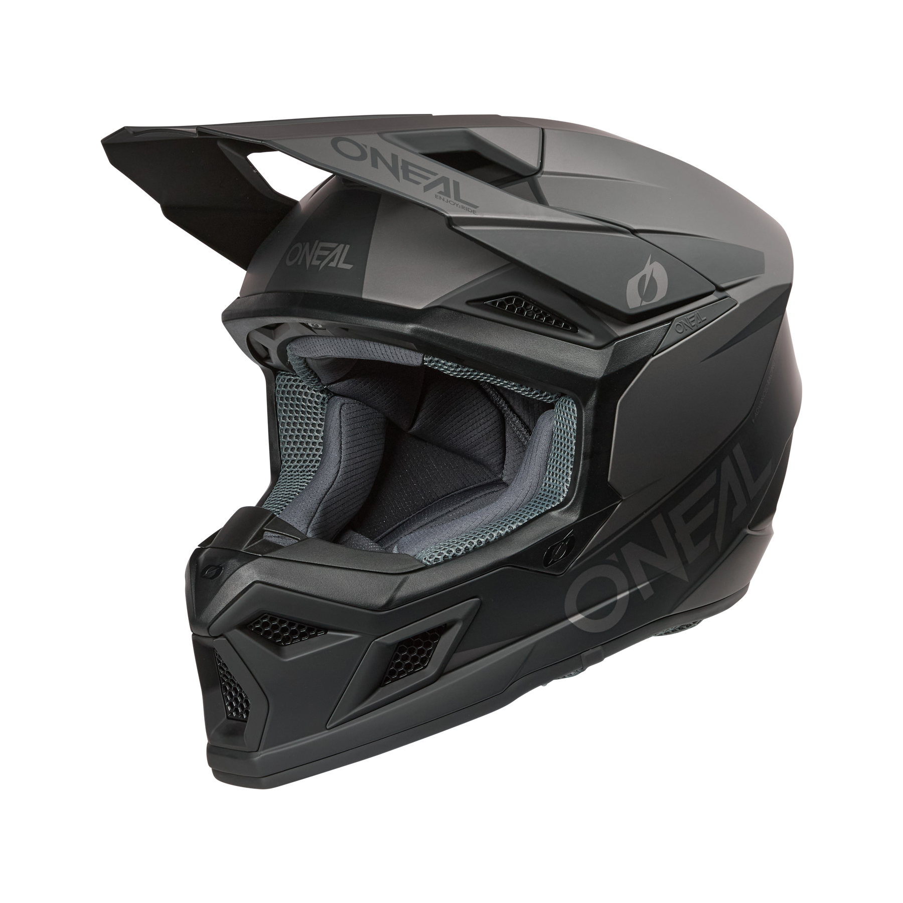 Der O'NEAL 3SRS Helm SOLID in schwarz/grau ist ein mattschwarzer MX-Fullface-Helm mit Visier, Belüftungsöffnungen, auffälligem O'NEAL-Branding und gepolsterter grauer Innenausstattung - ideal für Motocross-Fahrer, die Stil und Komfort suchen.