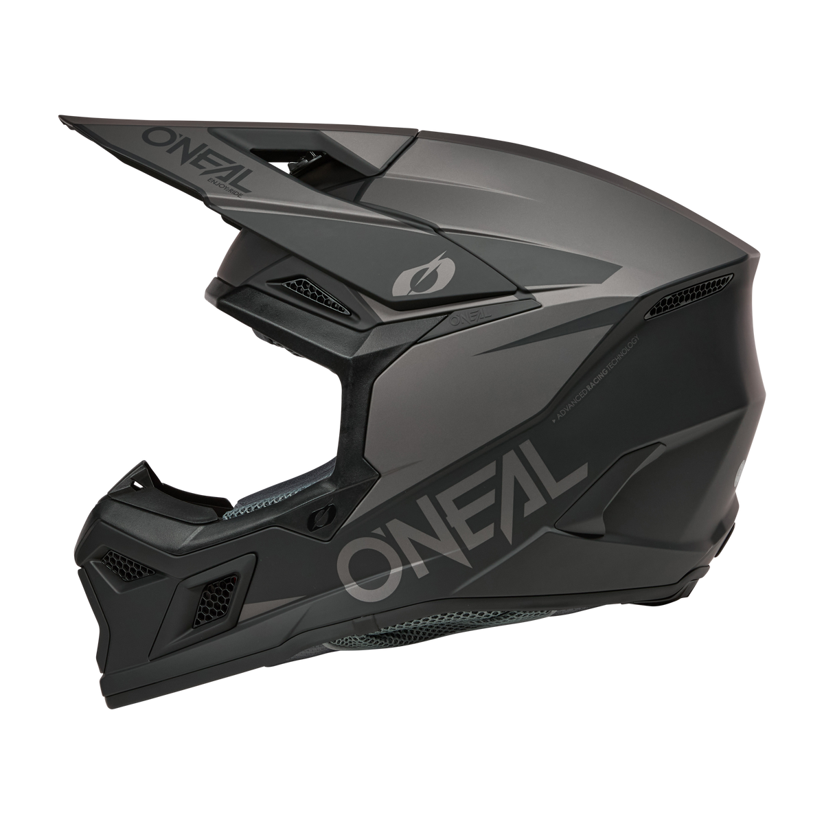 Schlichter, mattschwarzer Vollvisierhelm O'NEAL 3SRS Helm SOLID mit kantigem Design, Visier und Belüftungsöffnungen, hier im Seitenprofil - ideal für Motocross oder Mountainbiking.