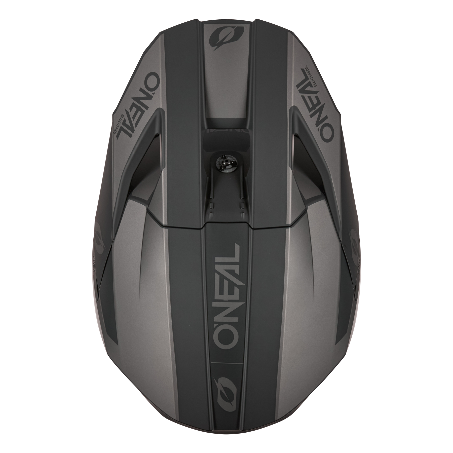 Draufsicht auf den O'NEAL 3SRS Helm SOLID in mattem Grau und Schwarz mit auffälligem O'NEAL-Branding und kantigen aerodynamischen Belüftungsöffnungen - die ideale Wahl für Motocross-Fahrer, die Wert auf Stil und Schutz legen.