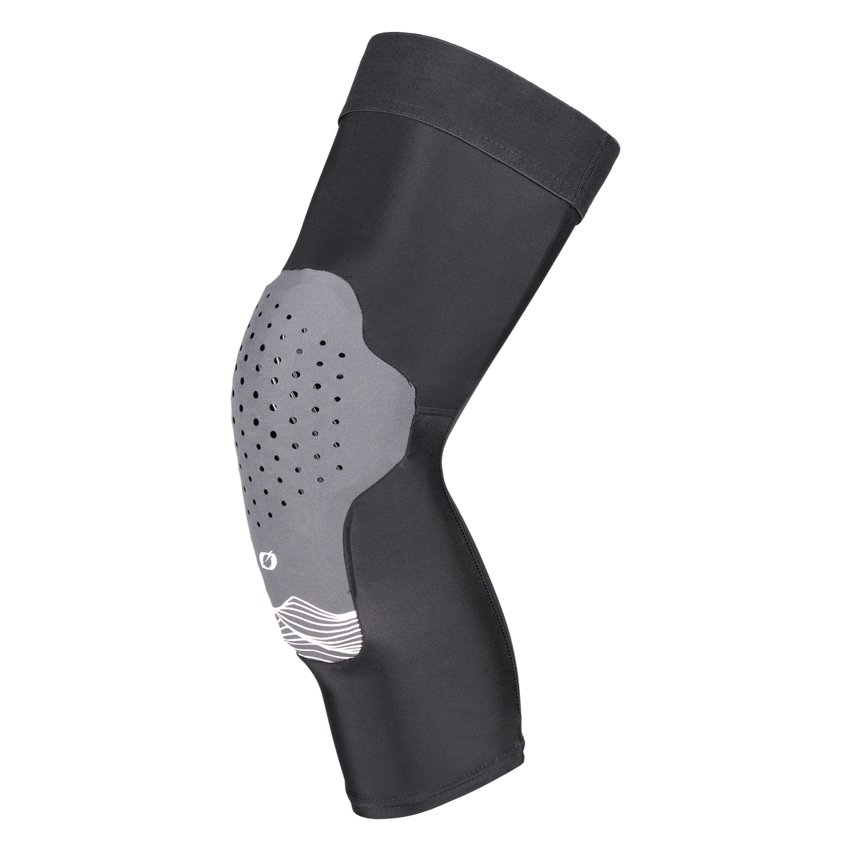 Der O'NEAL DIRT 1.0 Knieschützer ist ein schwarz-grauer Knieschützer mit einem konturierten, perforierten Polster zum Schutz und einem weißen Wellenlinien-Design, das flexiblen, ergonomischen Halt bietet.