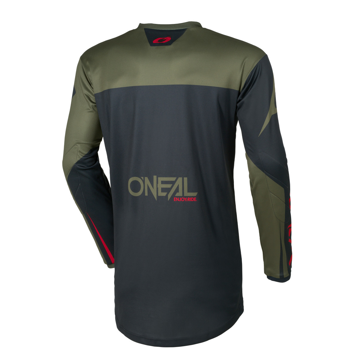 Rückenansicht des O'NEAL ELEMENT Jersey RACEWEAR, ein langärmeliges Motocross-Trikot in Dunkelgrün und Schwarz mit roten Akzenten, mit O'NEAL-Logos auf dem unteren Rücken und im oberen Nacken.