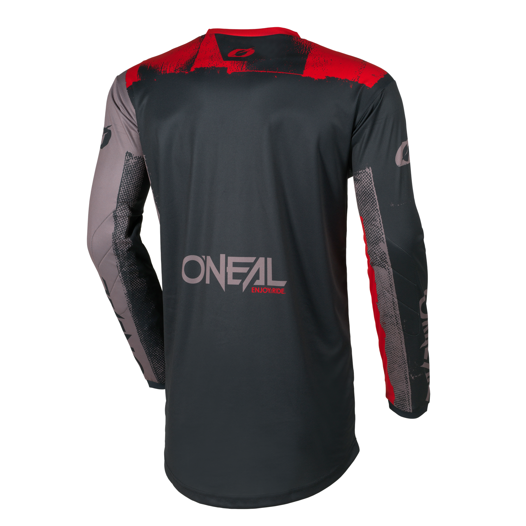 Rückenansicht des O'NEAL ELEMENT Trikots ROLLER, ein langärmeliges, schwarzes Motocross-Trikot mit roten und grauen Akzenten, O'NEAL-Branding, "INFORCE"-Schriftzug auf dem unteren Rücken und gebrandeten Ärmelmotiven.