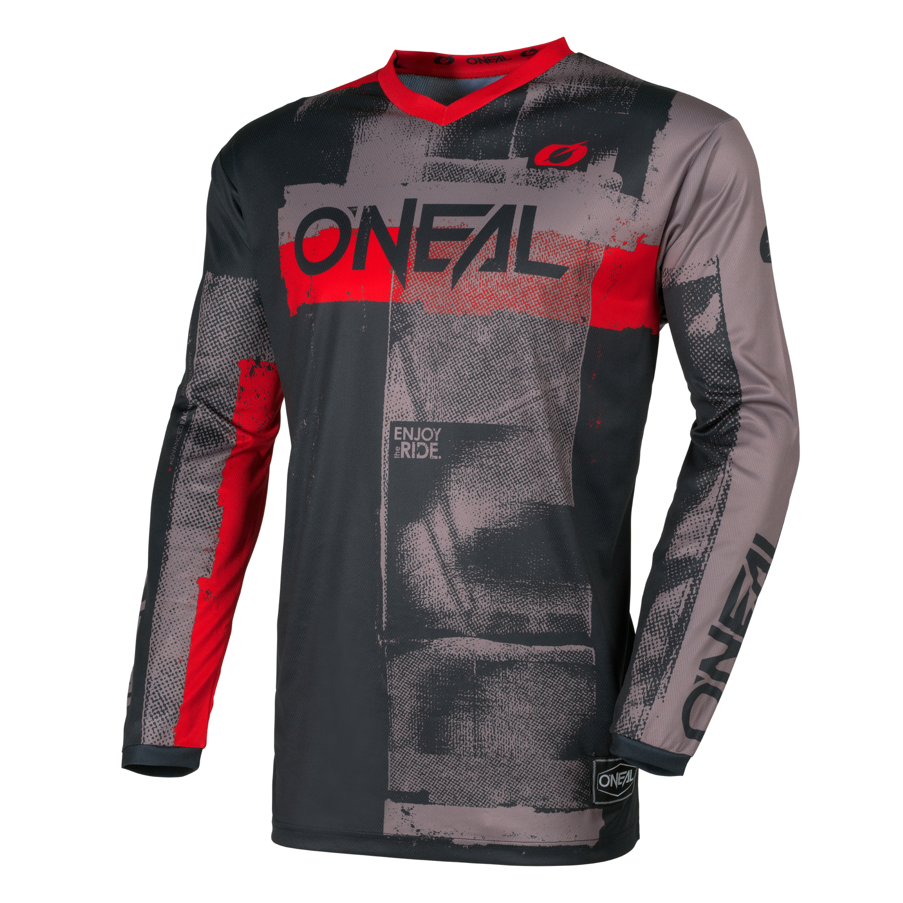 Das O'NEAL ELEMENT Jersey ROLLER ist ein langärmeliges Motocross-Trikot in grau/rot mit einem auffälligen "O'NEAL"-Logo auf Brust und Ärmel sowie einem kleinen Logo auf der linken Schulter.