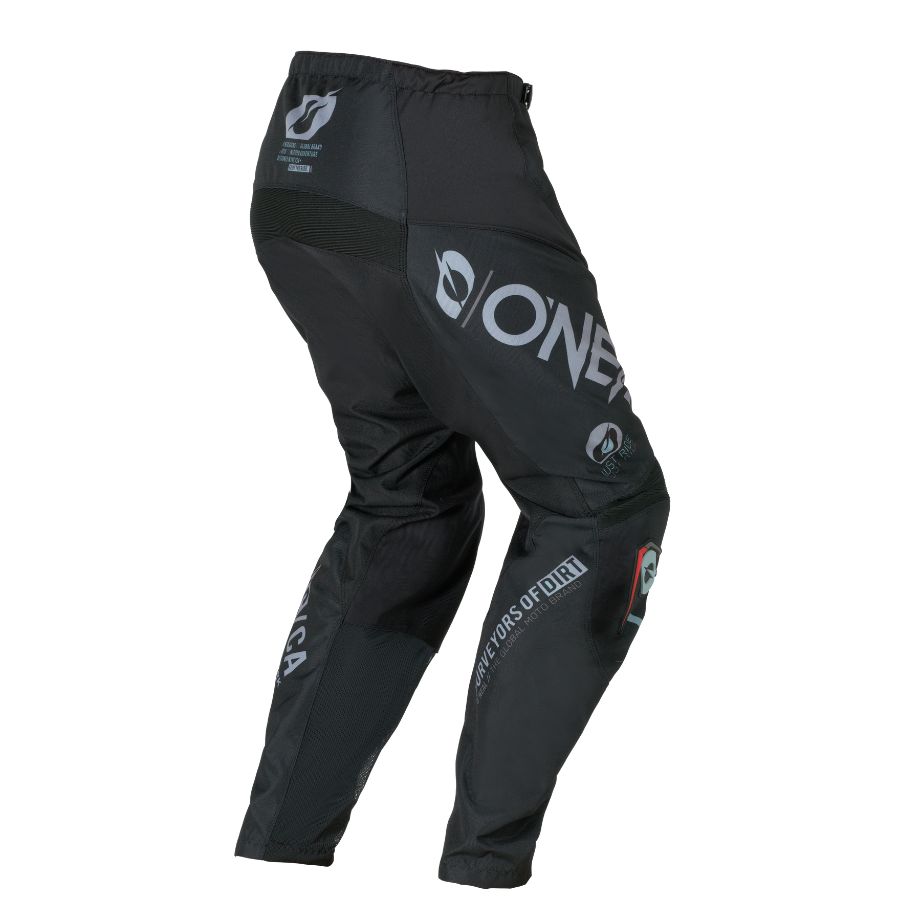 O'NEAL ELEMENT Pants BRAND in Schwarz mit weißen Logos, die von hinten und von der Seite auf einem transparenten Hintergrund zu sehen sind. Mit verstärkten Einsätzen und O'NEAL-Branding an den Beinen und am Bund.