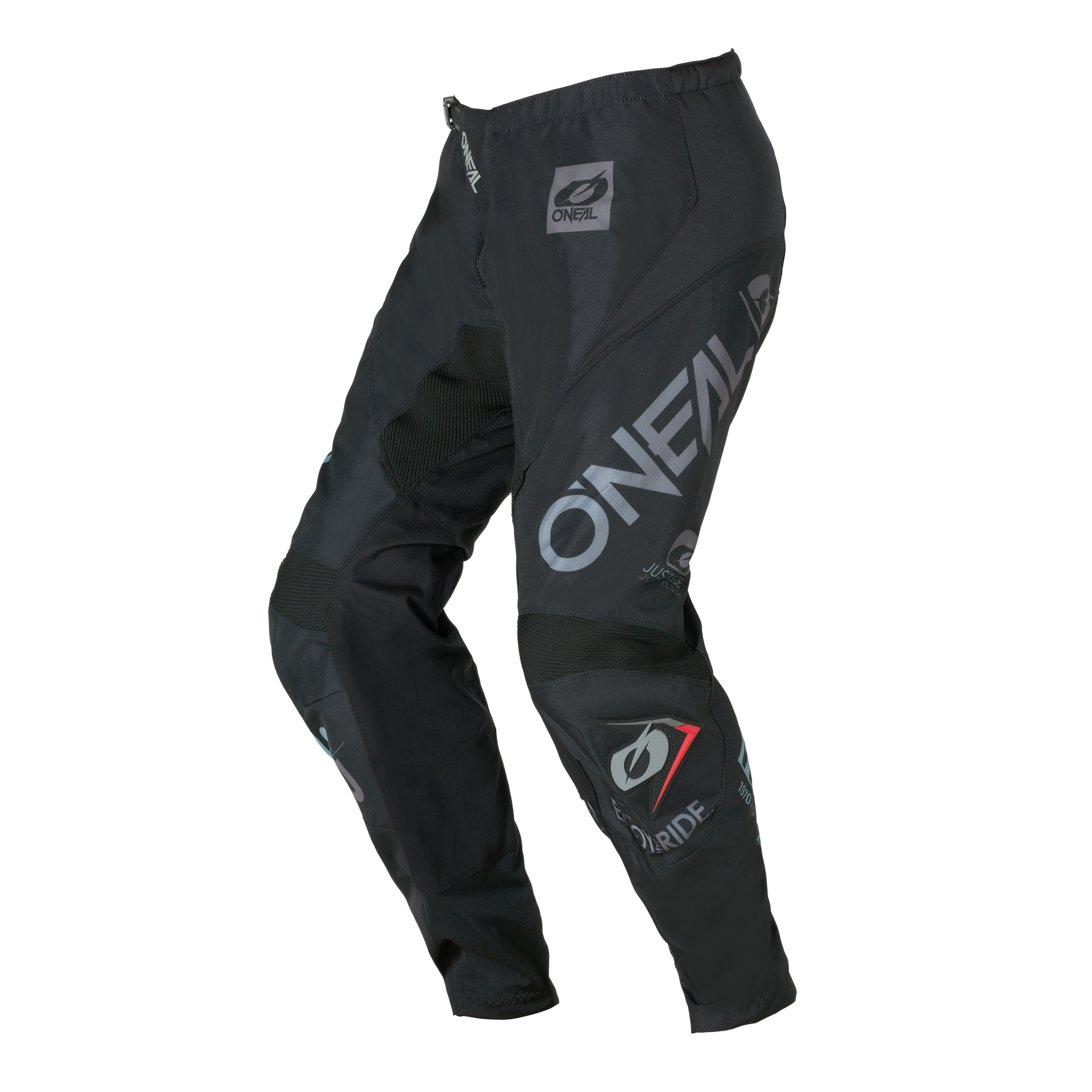 O'NEAL ELEMENT Pants BRAND in schwarz/grau mit grauem und weißem Logo, verstärkten Knien und Mesh-Belüftungseinsätzen, abgebildet auf einem einfarbigen Hintergrund.