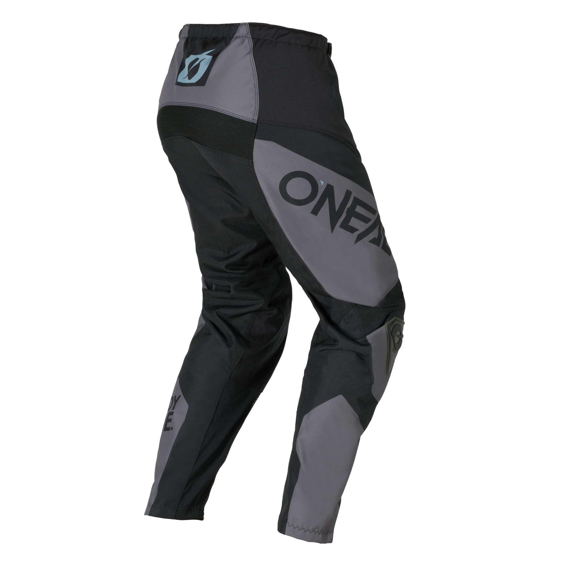 Die O'NEAL ELEMENT Pants RACEWEAR ist eine grau-schwarze Motocross-Hose mit O'NEAL-Branding an der Seite, elastischem Bund und verstärkten Kniepartien auf einfarbigem Hintergrund.