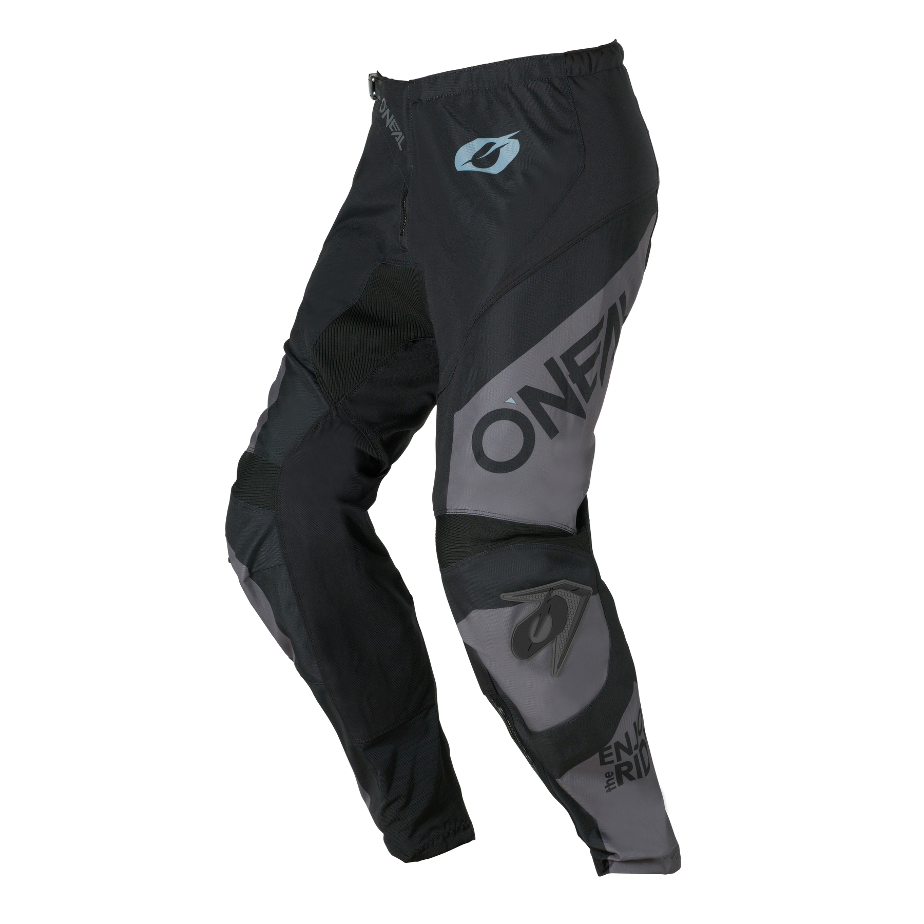 Die O'NEAL ELEMENT Pants RACEWEAR in schwarz/grau verfügt über verstärkte Kniepartien, eine ergonomische Passform und ein auffälliges O'NEAL-Branding am Bein.