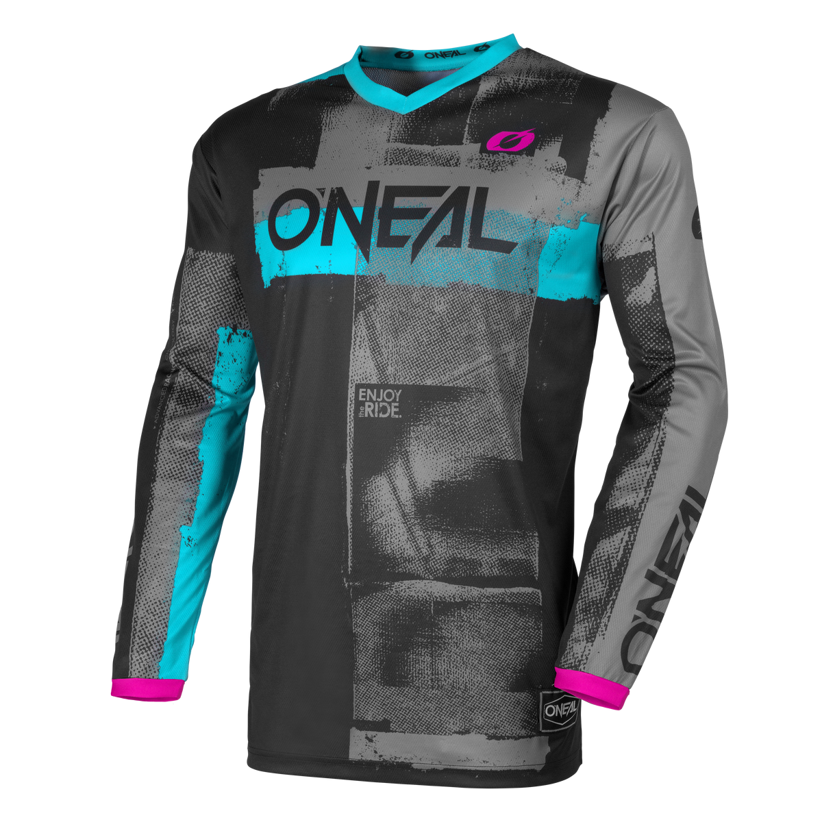 Das O'NEAL ELEMENT Damen-Trikot ROLLER ist ein langärmeliges Motocross-Trikot mit schwarzem, grauem und türkisem Farbblock, rosa Akzenten, einem auffälligen "O'NEAL"-Schriftzug auf Brust und Ärmel sowie zusätzlichen Logos und einem strukturierten Grafikmuster.