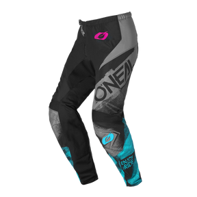 Die O'NEAL ELEMENT Damenhose ROLLER in schwarz/cyan hat ein "O'NEAL"-Branding auf dem linken Bein, blaue Akzente, ein pinkfarbenes Taillenlogo und einen "ENJOY RIDE"-Schriftzug am rechten unteren Bein.