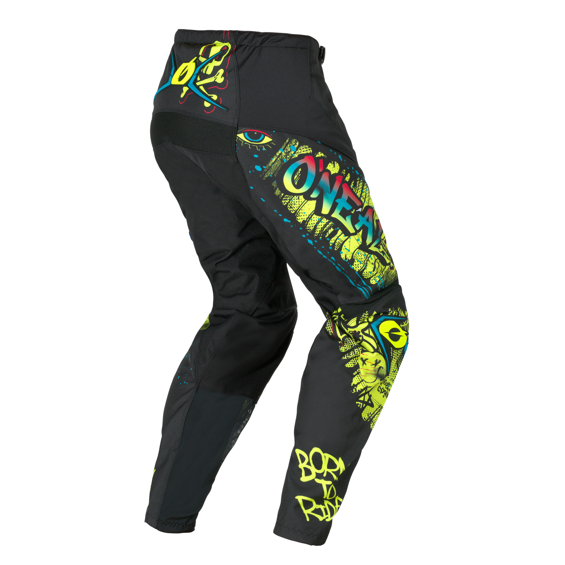 O'NEAL ELEMENT Youth Pants RANCID: Schwarze und neonfarbene Motocross-Hose mit leuchtenden Graffiti-Grafiken, "ONEAL"- und "BORN TO RIDE"-Schriftzug sowie stilisierten Augen- und Gesichtsmotiven an Beinen und Hüfte.