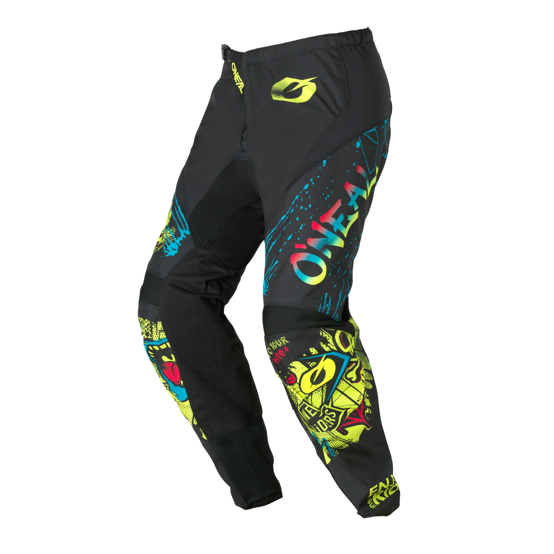 Die O'NEAL ELEMENT Youth Pants RANCID ist schwarz mit neongelben grafischen Motiven, fetten Schriftzügen und dem O'NEAL-Markennamen auf dem linken Bein auf weißem Hintergrund.