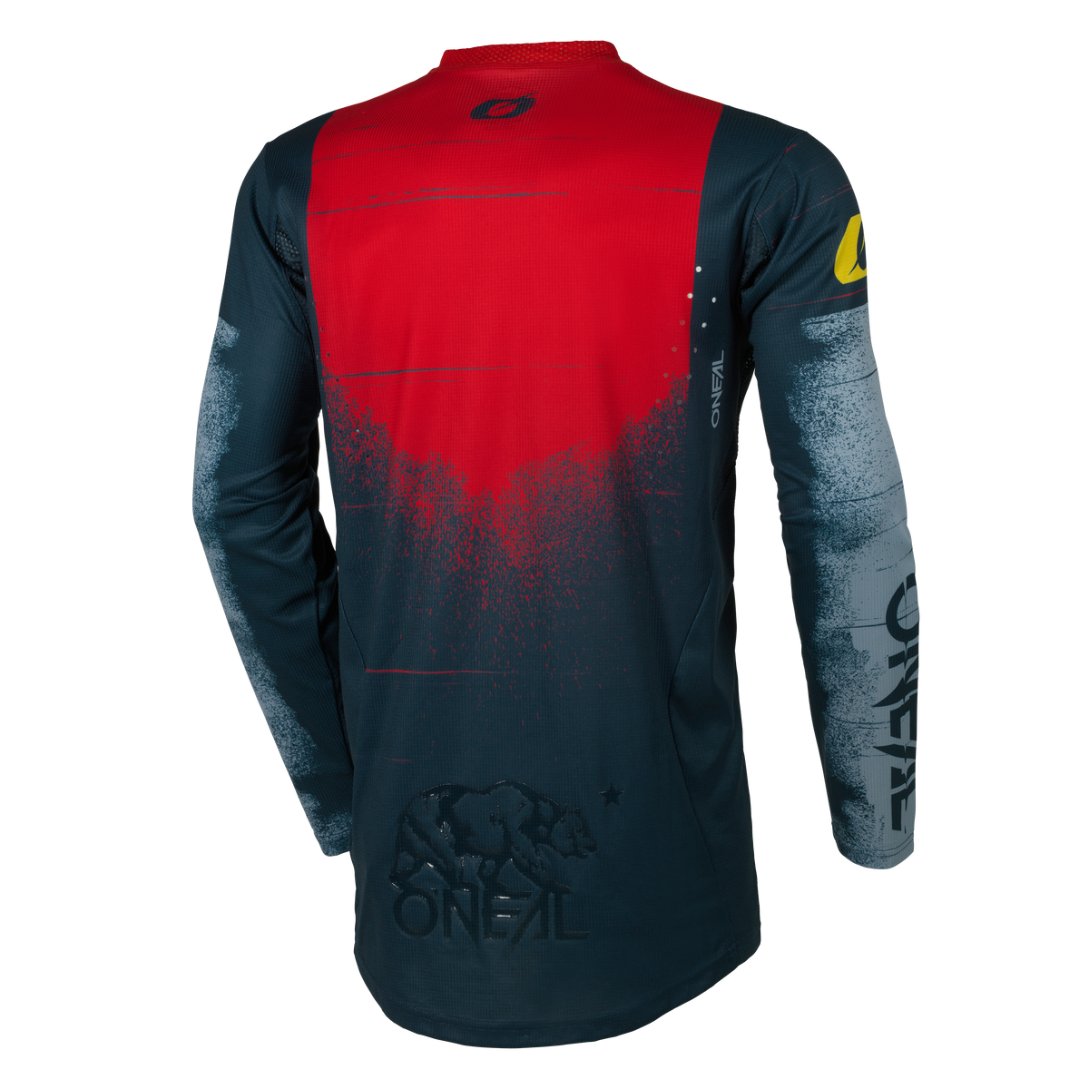 Das O'NEAL HARDWEAR Jersey SWIPE ist ein langärmeliges Sporttrikot mit einem rot-schwarzen Farbverlauf, abstrakten grauen Mustern, einer Bärengrafik und dem O'NEAL-Branding auf dem Rücken und den Ärmeln.