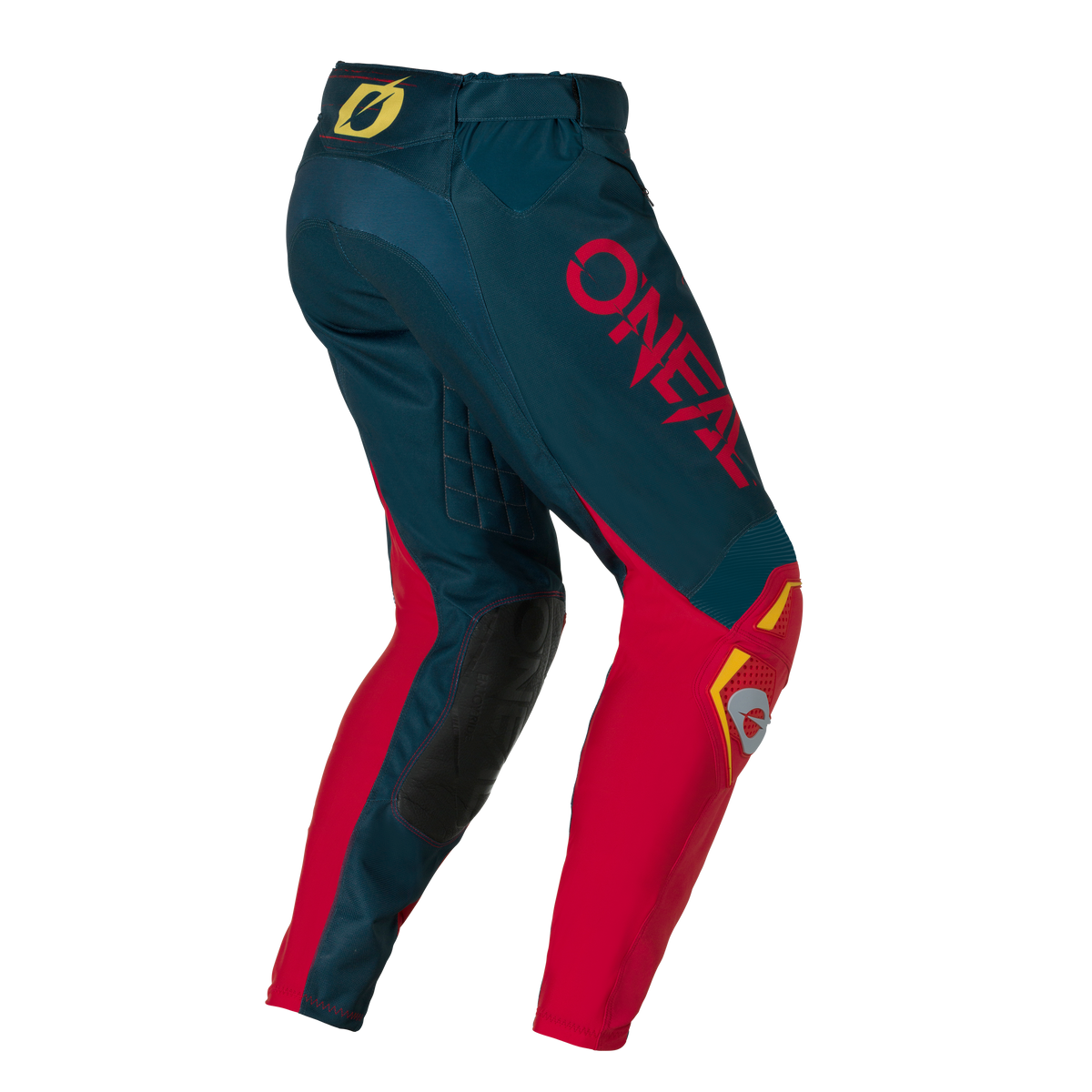 Die O'NEAL HARDWEAR Pants SWIPE ist eine Motocross-Hose in Dunkelblau und Rot mit gelben Akzenten, seitlichem O'NEAL-Logo und gesteppter Oberschenkelpolsterung.