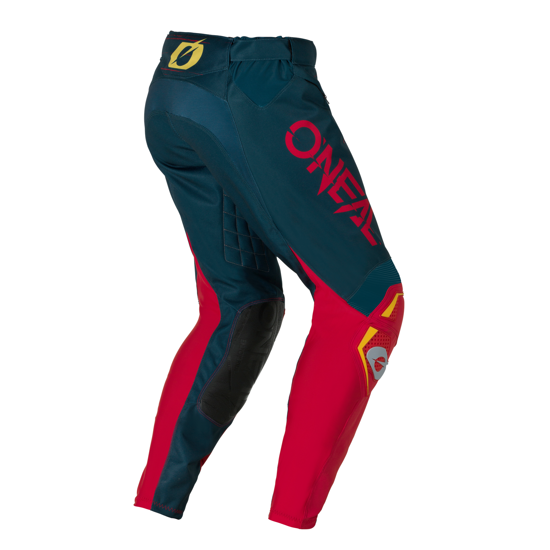 Die O'NEAL HARDWEAR Pants SWIPE ist eine Motocross-Hose in Dunkelblau und Rot mit gelben Akzenten, seitlichem O'NEAL-Logo und gesteppter Oberschenkelpolsterung.