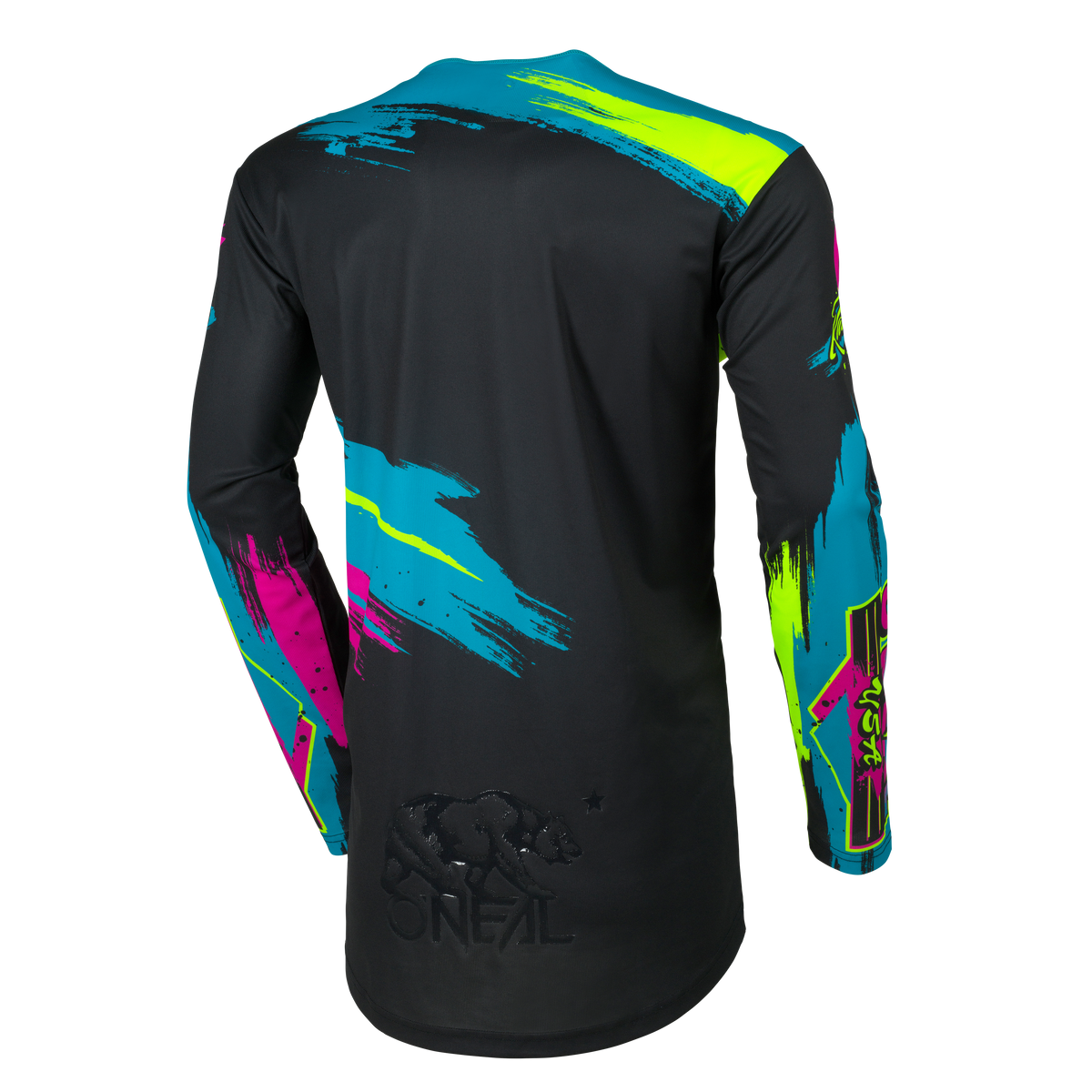 Das O'NEAL MAYHEM Jersey RESEDA ist ein schwarzes Langarmtrikot mit neonblauen, pinken und gelben abstrakten Pinselstrichen sowie dem O'NEAL-Logo und einer Bärengrafik, die im unteren Rückenbereich eingeprägt ist.