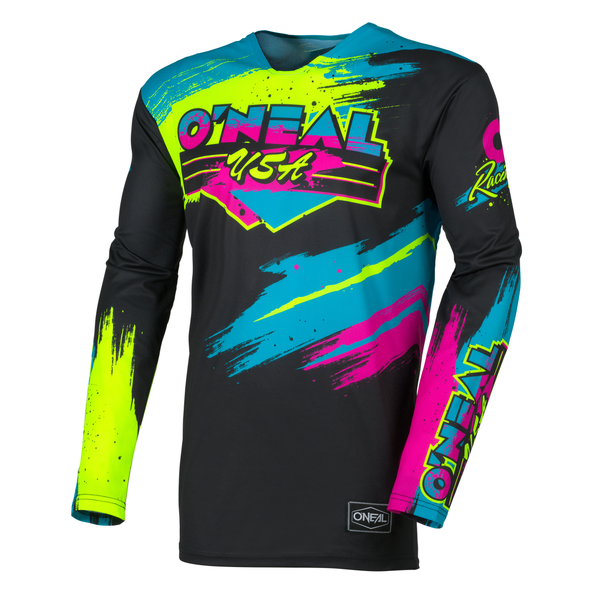 Das O'NEAL MAYHEM Jersey RESEDA ist ein langärmeliges Motocross-Trikot mit neongelben, pinken und blauen Graffiti-Grafiken auf Schwarz, "O'NEAL USA" auf der Brust und O'NEAL-Logos an den Ärmeln und am Saum.