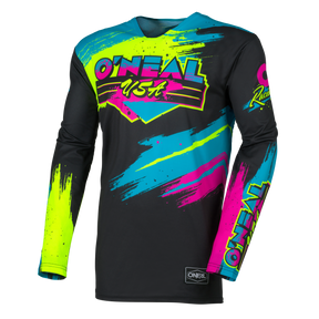Das O'NEAL MAYHEM Jersey RESEDA ist ein langärmeliges Motocross-Trikot mit neongelben, pinken und blauen Graffiti-Grafiken auf Schwarz, "O'NEAL USA" auf der Brust und O'NEAL-Logos an den Ärmeln und am Saum.