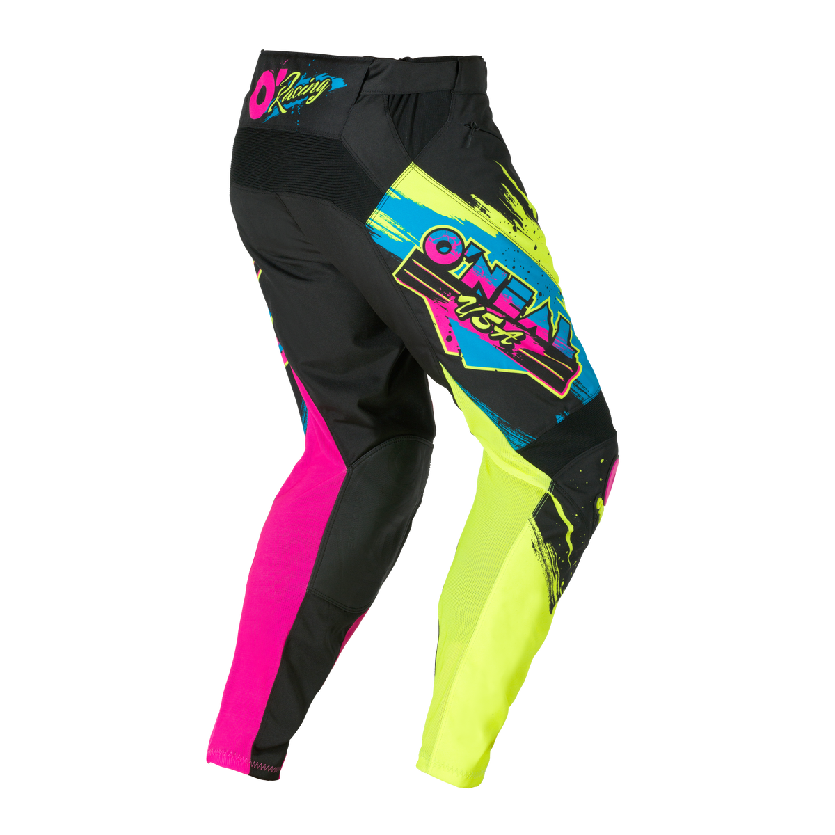 Die O'NEAL MAYHEM Pants RESEDA zeichnet sich durch ein auffälliges geometrisches Design in Schwarz, Neongelb, Pink und Blau mit dem "O'NEAL Racing"-Logo auf der Seite aus, das auf weißem Hintergrund abgebildet ist.