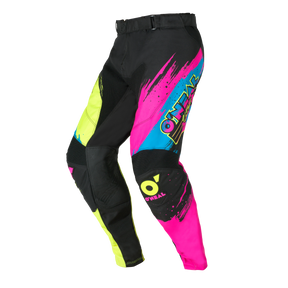 Die O'NEAL MAYHEM Pants RESEDA von O'NEAL zeichnet sich durch ein gewagtes Design mit schwarzen, neongelben, knallpinken und blauen Akzenten, auffälligen grafischen Mustern und dem O'NEAL-Logo aus.