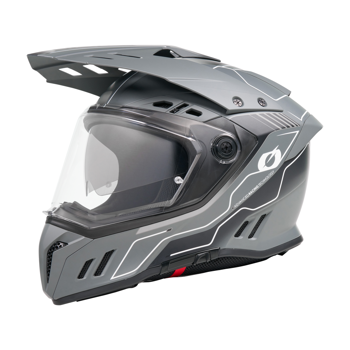 Ein schwarz/grauer O'NEAL SIERRA RS Helm ECHO Vollvisierhelm mit weißen Akzenten, klarem Visier, aerodynamischen Belüftungsöffnungen und einem Quin Smart Safety Sensor wird von der Seite vor weißem Hintergrund gezeigt.