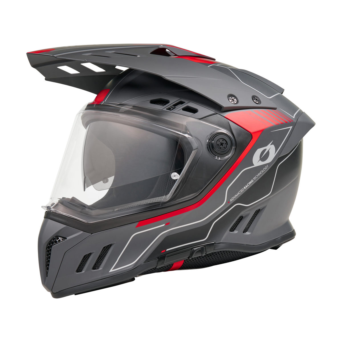 Der O'NEAL SIERRA RS Helm ECHO in Schwarz/Rot mit klarem Visier, eckigen Belüftungsöffnungen, Sonnenschirm und Quin Smart Safety Sensor ist im Profil auf weißem Hintergrund abgebildet.