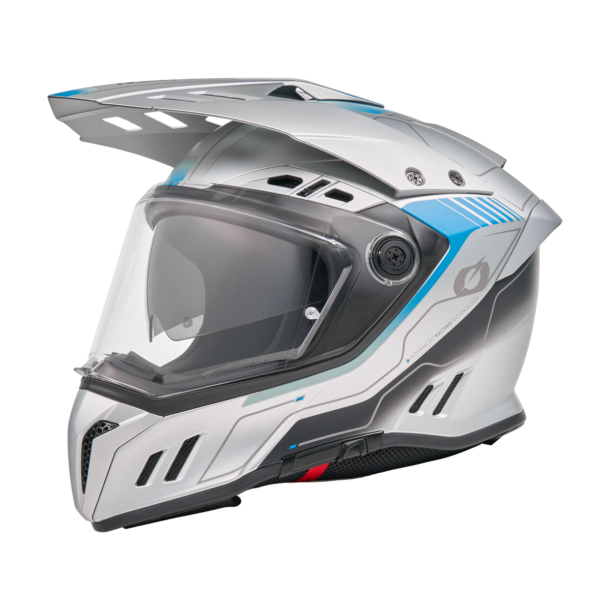 Ein grau/blauer O'NEAL SIERRA RS Helm ECHO Motorradhelm mit klarem Visier, blauen Akzenten, Belüftungsschlitzen und aerodynamischem Design - mit Quin Smart Safety Sensor - auf einem schlichten schwarzen Hintergrund.