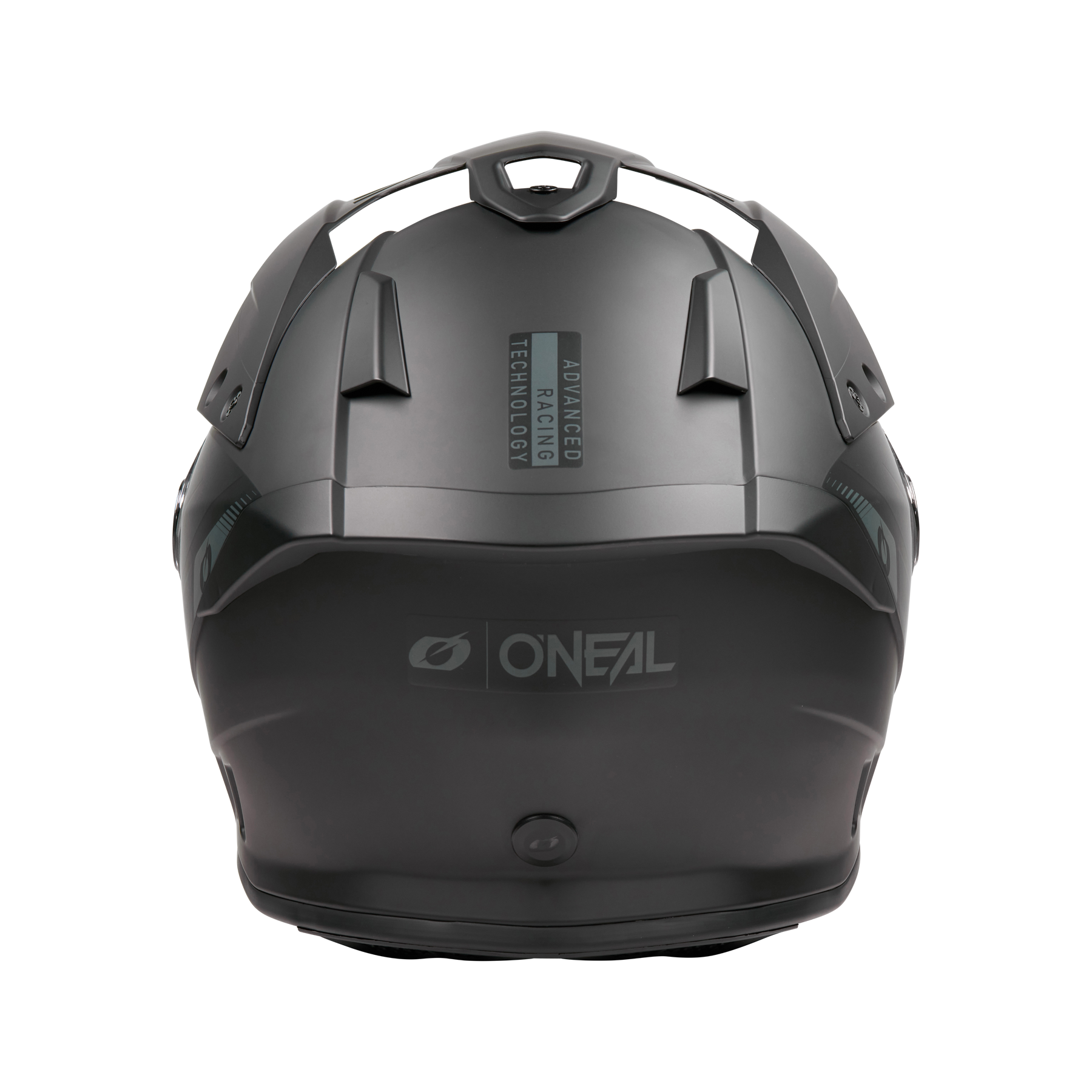 Rückansicht des mattschwarzen O'NEAL SIERRA RS Helm SOLID mit kantigen Belüftungsöffnungen, O'NEAL-Branding und "Advanced Racing Technology"-Schriftzug, kompatibel mit dem Quin Smart Safety Sensor für zusätzlichen Schutz.