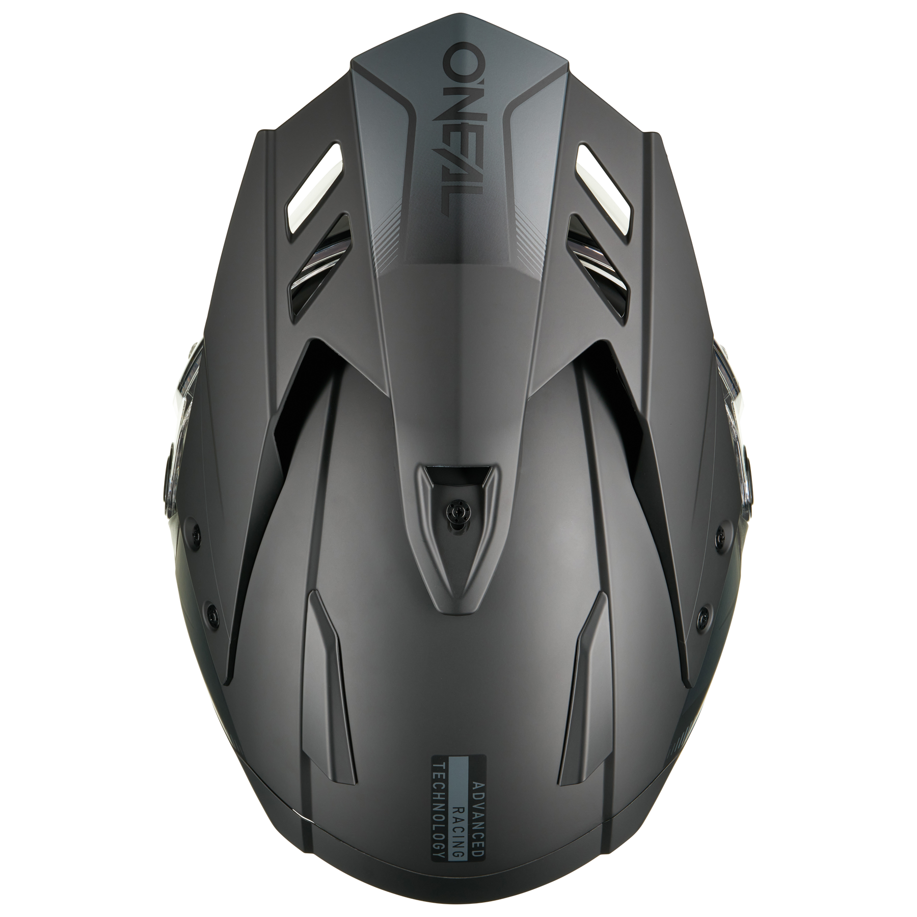 Draufsicht auf den mattschwarzen O'NEAL SIERRA RS Helm SOLID von O'NEAL mit seinen kantigen Lüftungsöffnungen und Designlinien. Der sichtbare Text "ONEAL" und "ADVANCED TECHNOLOGY" hebt die fortschrittliche Integration des Quin Smart Safety Sensors hervor.