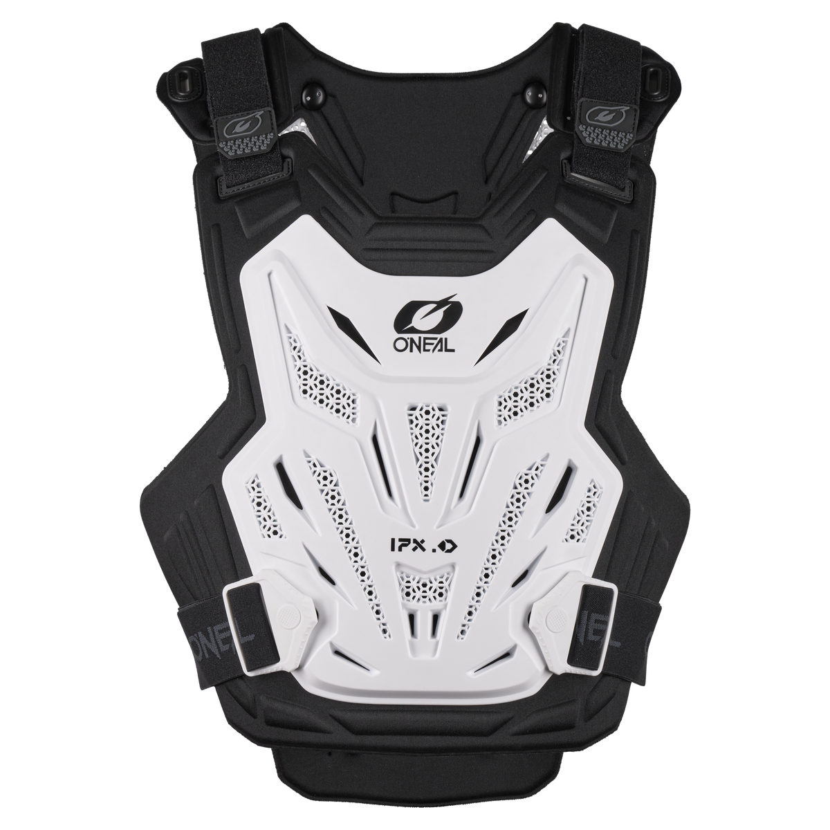 Der O'NEAL SPLIT LITE Chest Protector ist ein schwarz-weißes, belüftetes Motocross- und MTB-Zubehör mit verstellbaren Riemen, robustem Design und dem O'NEAL-Logo sowie dem "IPX"-Label auf der Vorderseite.