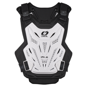 Der O'NEAL SPLIT LITE Chest Protector ist ein schwarz-weißes, belüftetes Motocross- und MTB-Zubehör mit verstellbaren Riemen, robustem Design und dem O'NEAL-Logo sowie dem "IPX"-Label auf der Vorderseite.