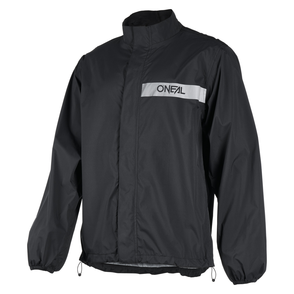 Die O'NEAL TORRENT Regenjacke von O'NEAL Europe ist eine schwarze Jacke mit langen Ärmeln, hohem Kragen, elastischem Bund und Manschetten sowie einem reflektierenden Streifen mit dem O'Neal-Logo auf der Brust.
