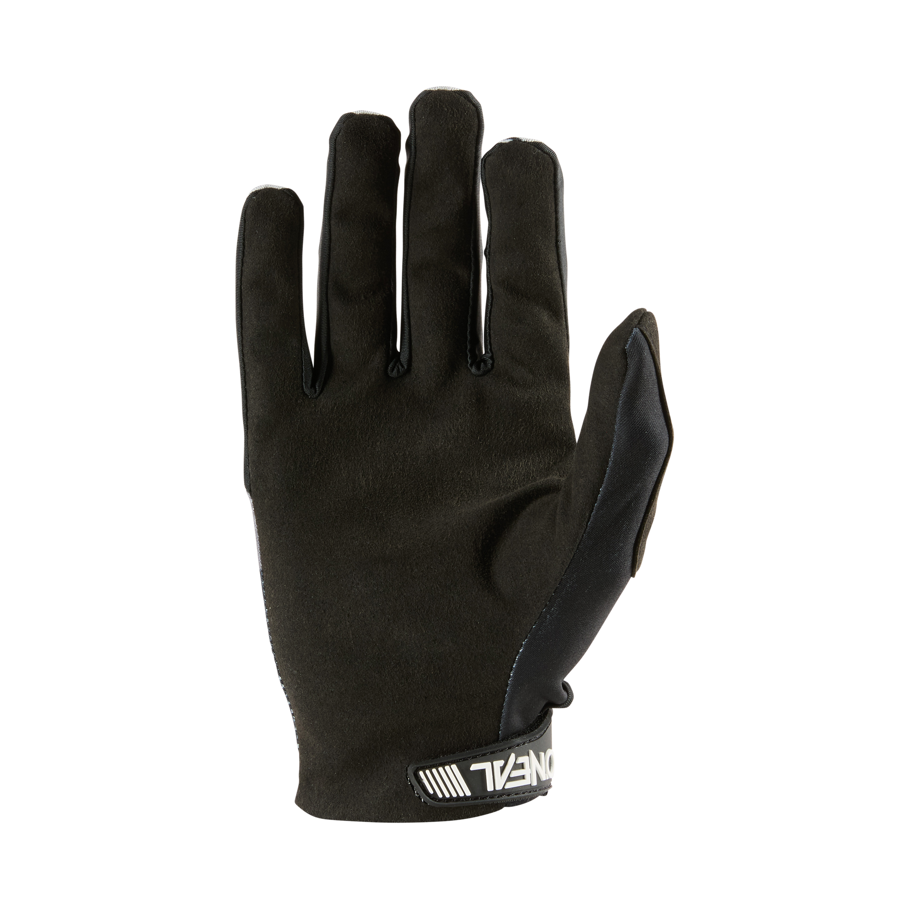 Der O'NEAL VAULT Handschuh RACEWEAR ist ein schwarzer MTB-Handschuh mit dezenter Textur und weißem "O'NEAL"-Logo am Handgelenk, der flexiblen Komfort und starken Grip bietet. Abgebildet mit der Handfläche nach innen und gestreckten Fingern.
