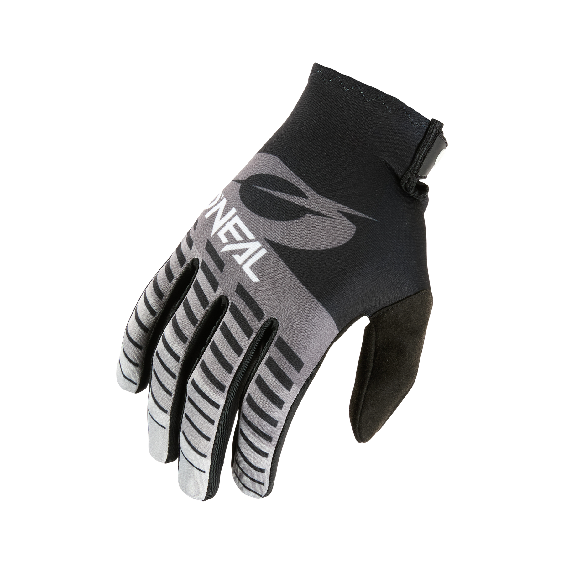 Der O'NEAL VAULT Handschuh RACEWEAR ist ein schwarz-grauer MTB-Handschuh mit "O'NEAL"-Schriftzug, gestreiften Fingern für Flexibilität, sicherem Handgelenkverschluss und starkem Grip - auf weißem Hintergrund.