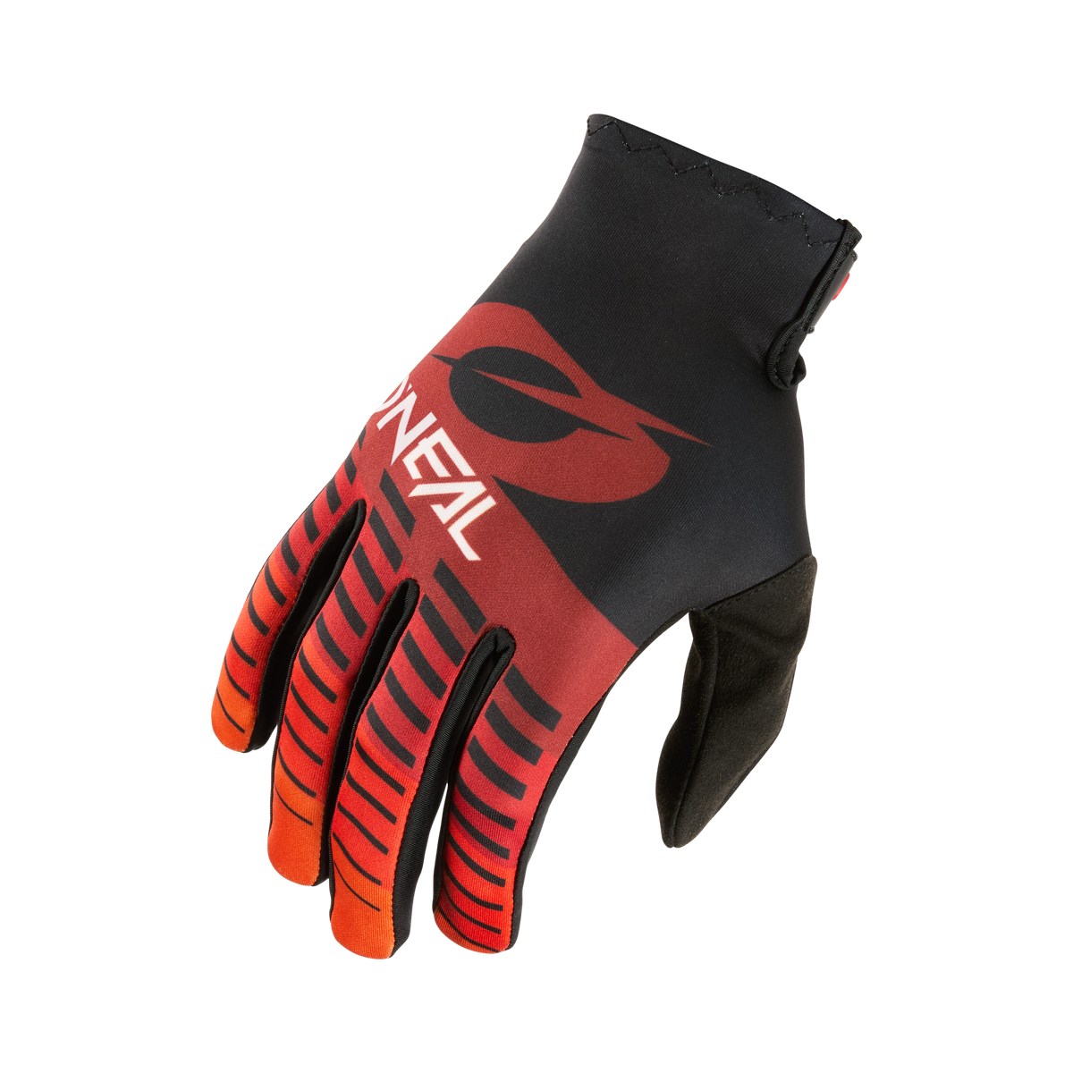 Der O'NEAL VAULT Handschuh RACEWEAR ist ein schwarz-roter MTB-Handschuh mit Farbverlauf an den Fingern und O'NEAL-Logo auf der Rückseite. Der gepolsterte Handschuh sorgt für starken Grip und ist auf einem weißen Hintergrund dargestellt.