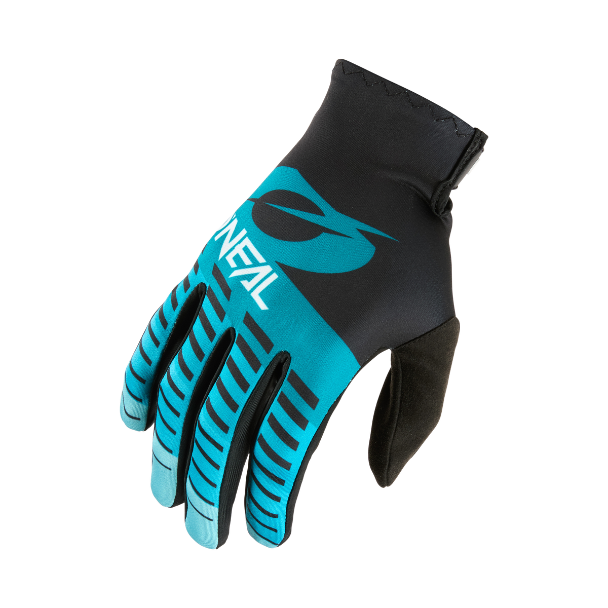 Der O'NEAL VAULT Handschuh RACEWEAR ist ein schwarzer und blaugrüner Rad- oder Motocross-Handschuh mit blauem Logo und Fingerstreifen, der Flexibilität und starken Grip bietet, abgebildet auf einem weißen Hintergrund.