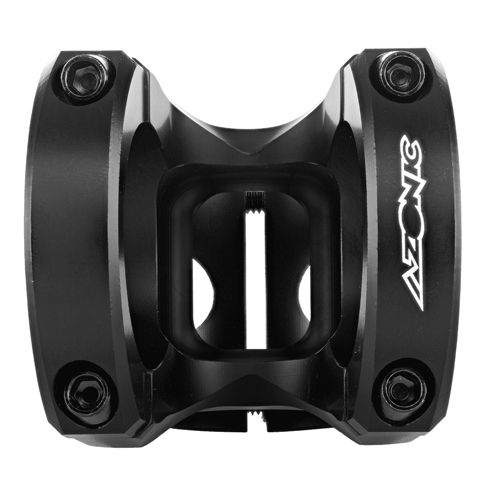 Ein schwarzer AZONIC THE ROCK FAT35 Vorbau mit vier Schraubenlöchern, eckigem Design und AZONIC-Logo auf der rechten Seite, dargestellt von oben auf einem transparenten Hintergrund.