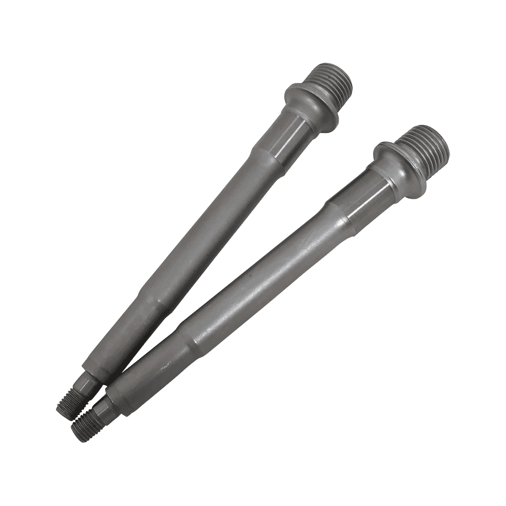 Zwei identische AZONIC Ersatzteile Pedale Americana Pedalstangen mit Gewindeenden liegen parallel auf einem klaren Hintergrund. Sie haben eine glatte, zylindrische Form und einen leichten Flansch an einem Ende.